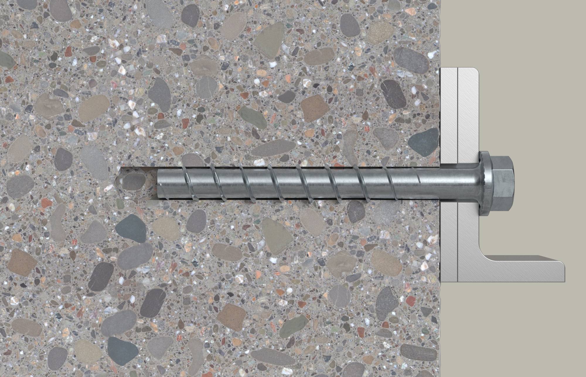Querschnitt eines in Beton eingebetteten Betonverankerungsbolzens mit einer Sechskantmutter und einer Unterlegscheibe, die eine Metallklammer auf der rechten Seite sichern.