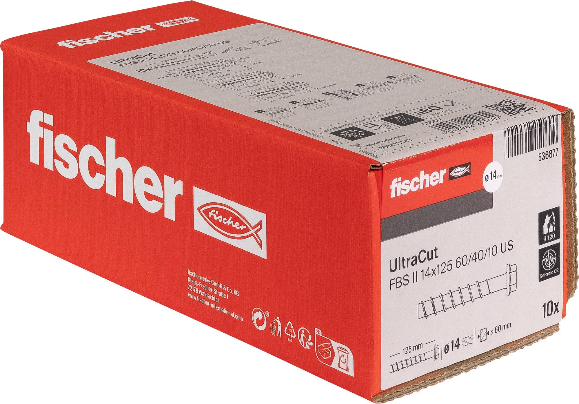 Rote Fischer 'UltraCut' Schraubenbox mit der Bezeichnung 'FBS II 14x125 6/40/10 US' mit 10 Stück und einer Bohrbildillustration.