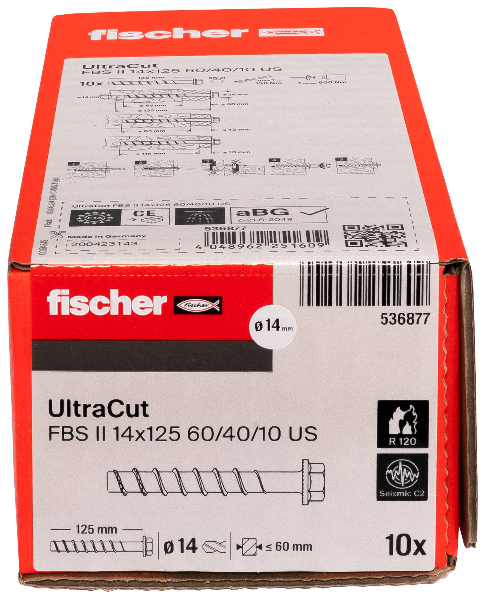 Red Fischer UltraCut Box für 10 FBS II 14x125 Dübel, mit Produktdiagramm, 14 mm Durchmesser, 125 mm Länge und Barcode.