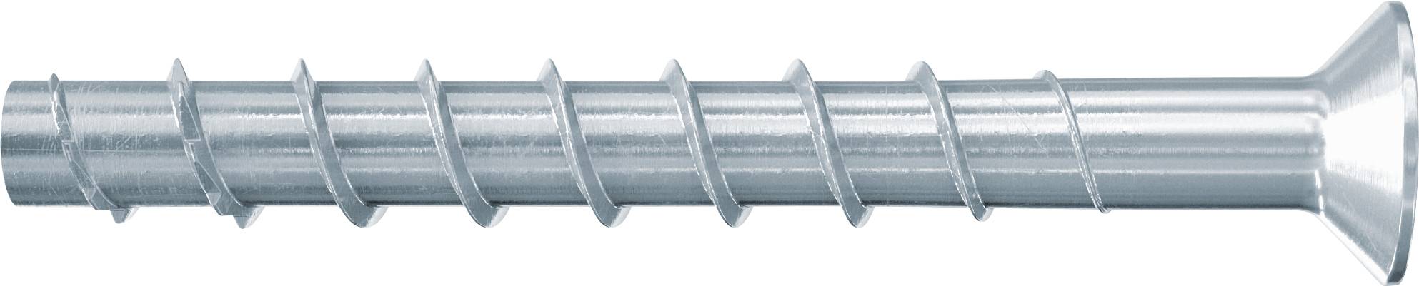 Metallschraube mit breitem, flachem Kopf, horizontal auf weißem Hintergrund dargestellt.