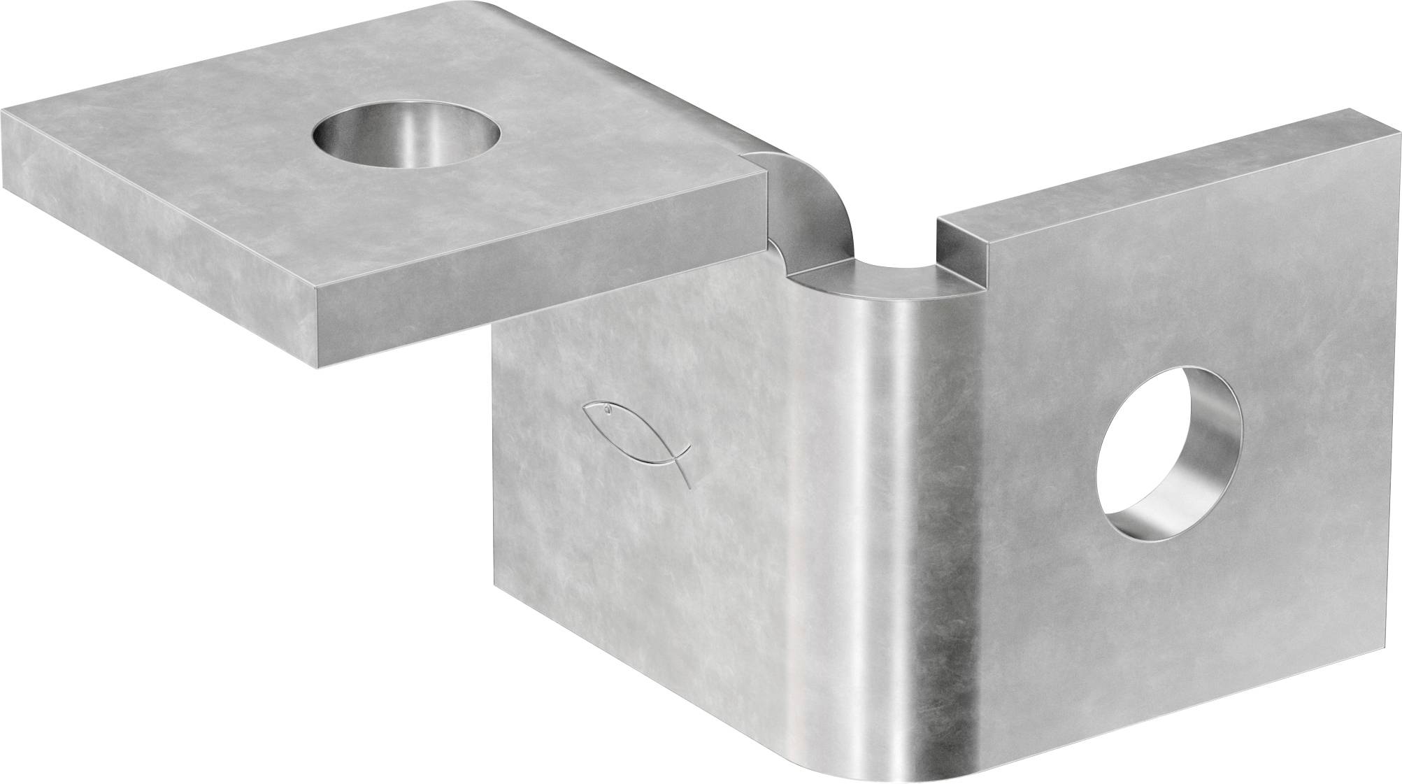 Eine metallische Winkelhalterung mit zwei flachen Platten, von denen jede ein kreisförmiges Loch aufweist, verbunden durch eine gekrümmte Mittelbiegung.