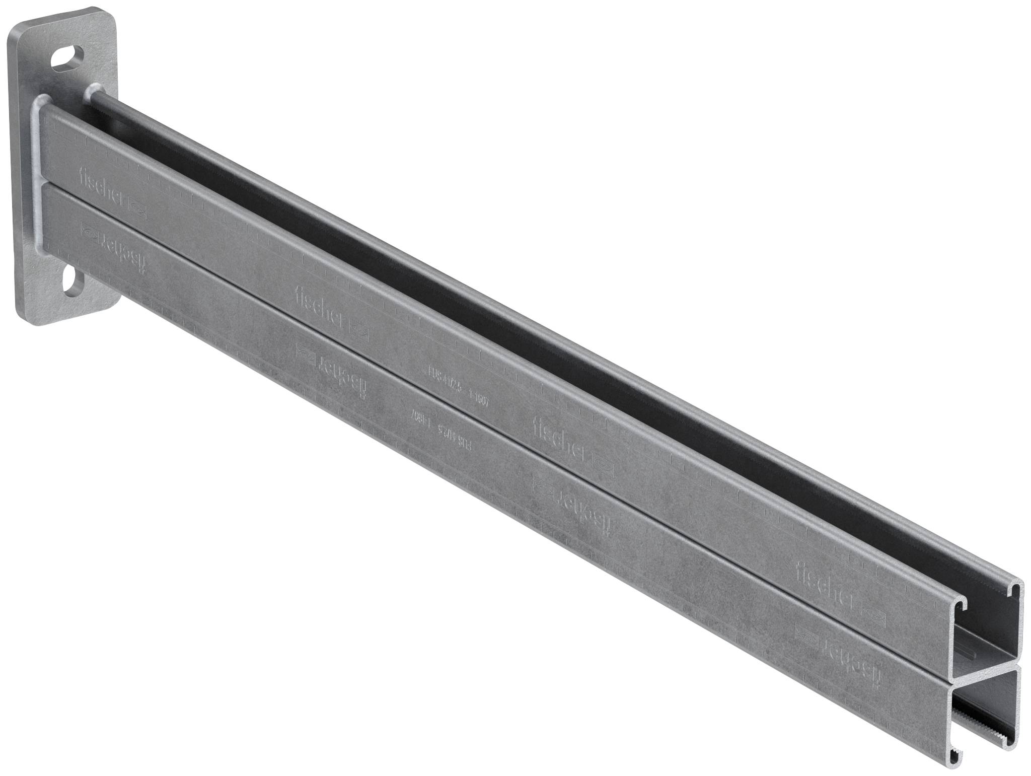 Langes an der Wand montiertes Metallkonsol oder Schiene mit rechteckigem offenem Kanal und gelochter Befestigungsplatte an einem Ende.