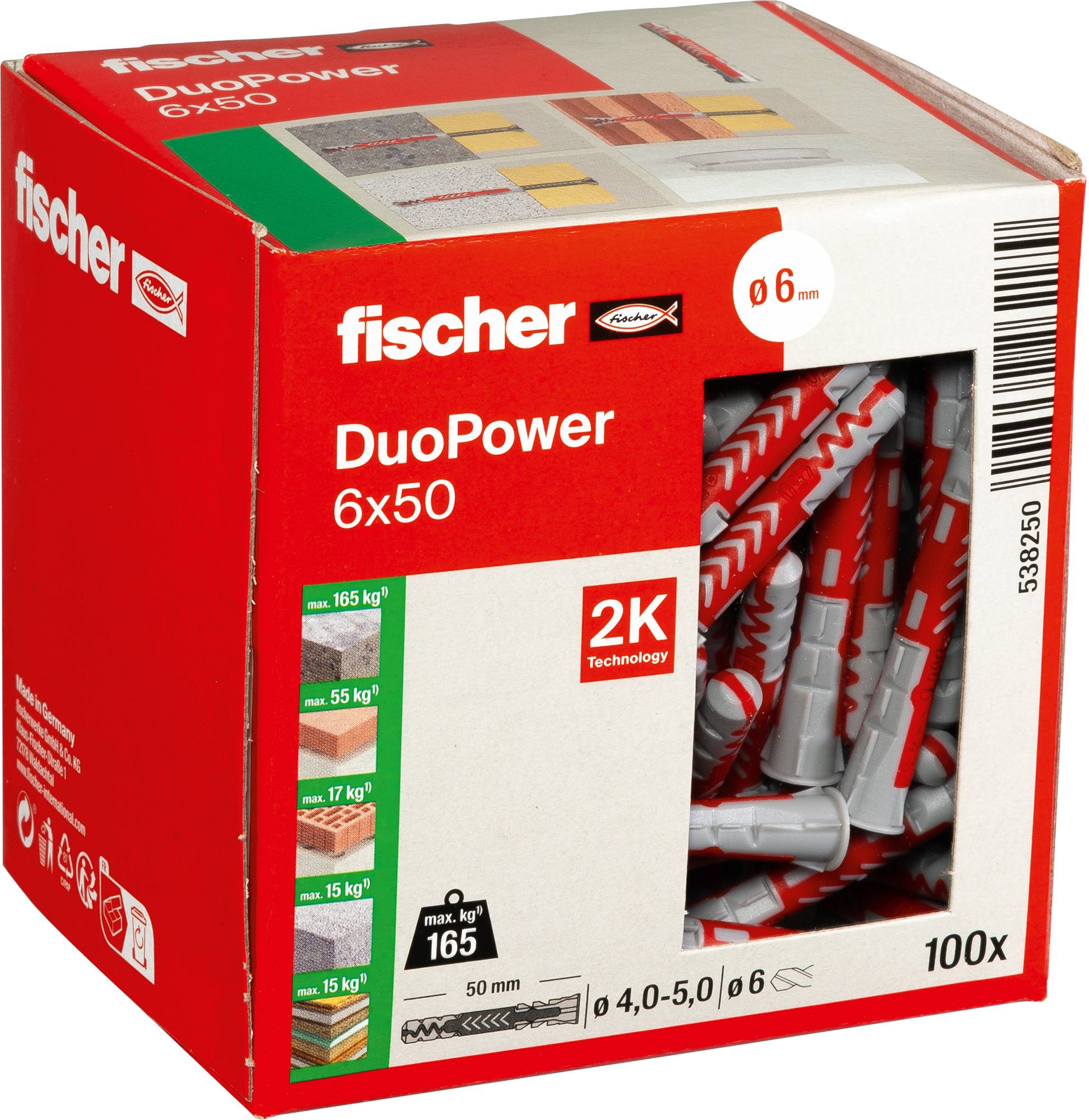 Eine Schachtel Fischer DuoPower Dübel, Größe 6x50mm, für verschiedene Materialien. Die Schachtel zeigt Tragfähigkeiten und Verwendungsabbildungen.