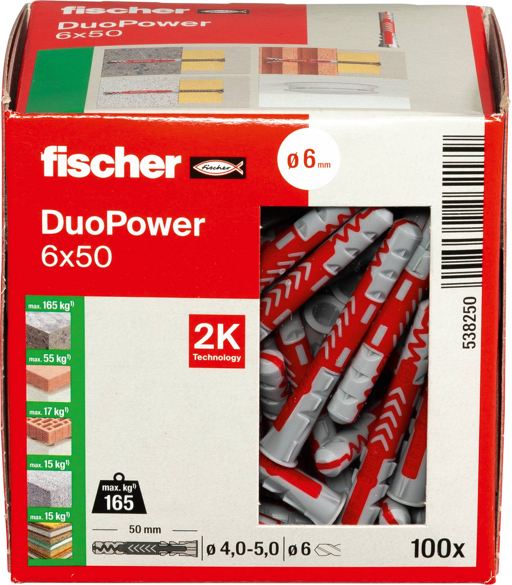 Das Bild zeigt ein Paket fischer DuoPower Dübel, Größe 6x50 mm, mit „2K-Technologie