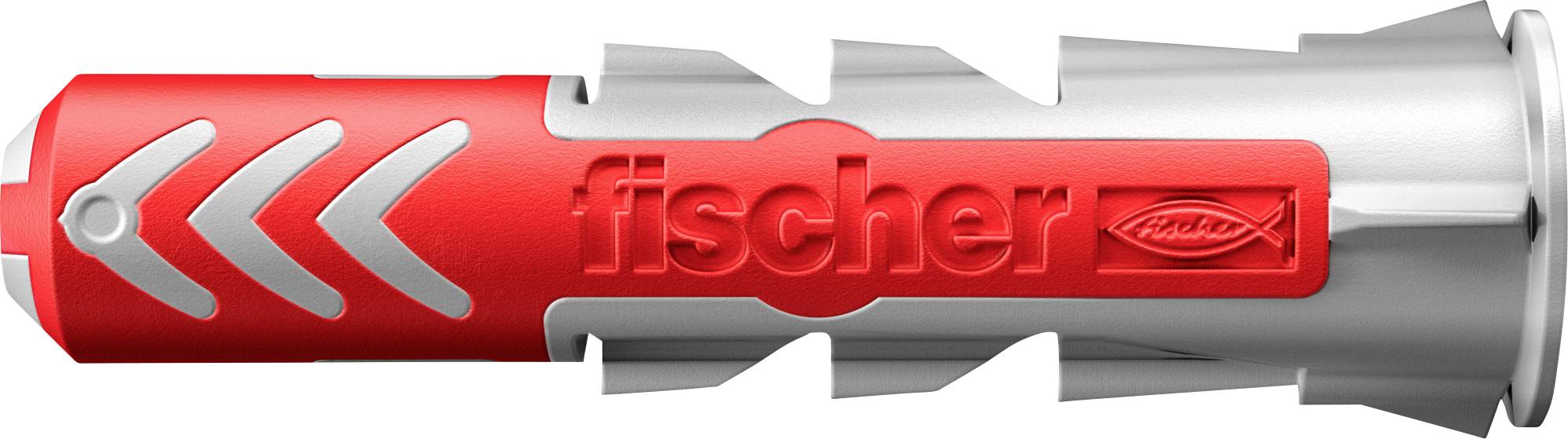 Ein rot und grau geflammter Kunststoff-Wanddübel mit Pfeilmarkierungen und dem eingeprägten Wort „fischer