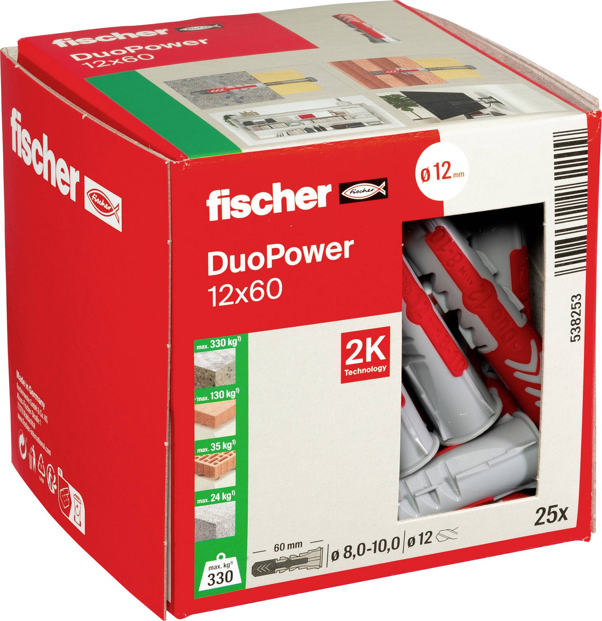Ein rot und grau geflammter Kunststoff-Wanddübel mit Pfeilmarkierungen und dem eingeprägten Wort „fischer