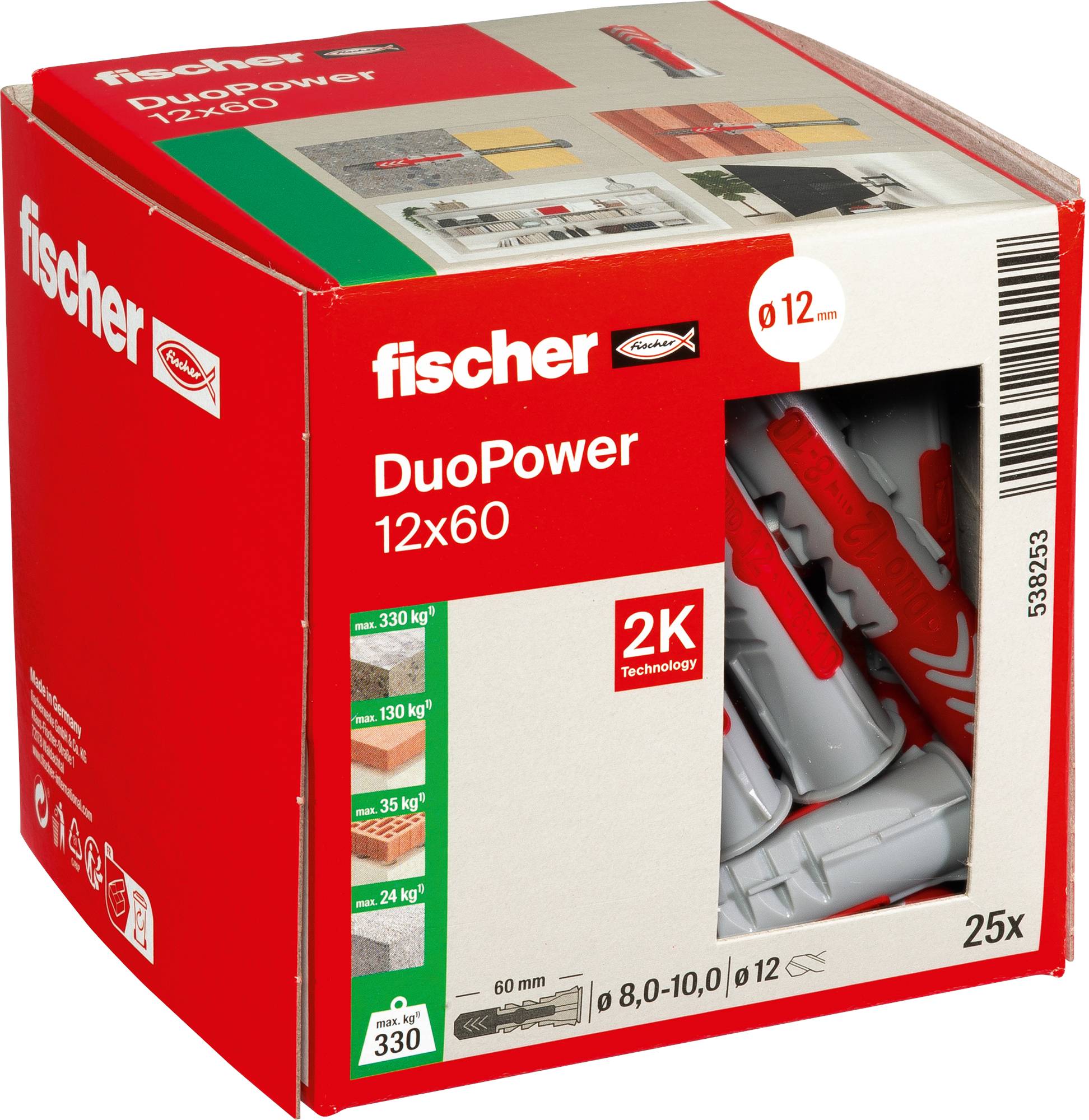 Rote und graue Fischer DuoPower Dübel, Größe 12x60, 25er-Pack für verschiedene Wandtypen. Trägt bis zu 330 kg in Beton.