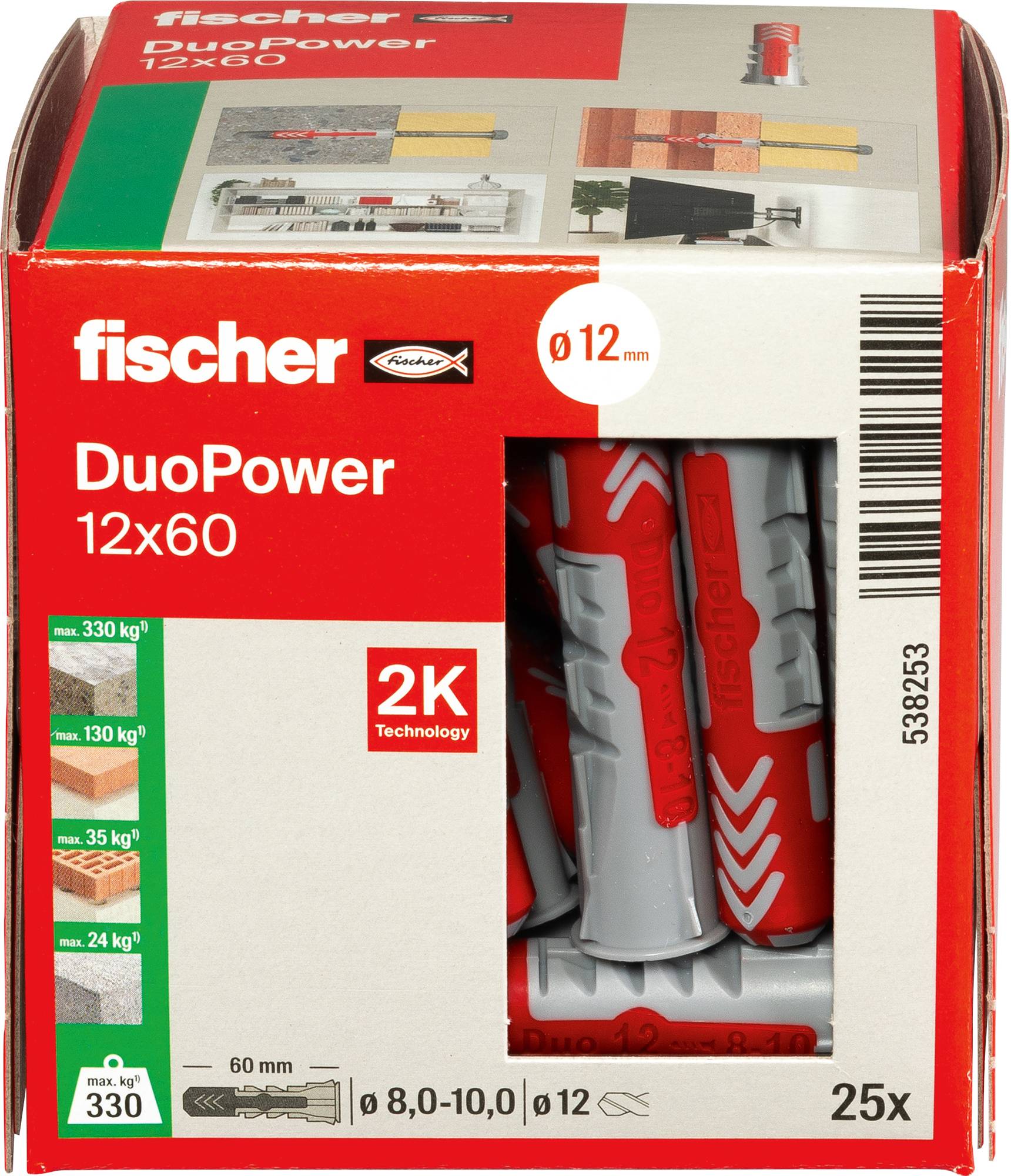 Karton mit Fischer DuoPower Dübeln, Größe 12x60mm, mit rot-grauem Design, zeigt Anwendungsbeispiele, Tragfähigkeiten und das Label 