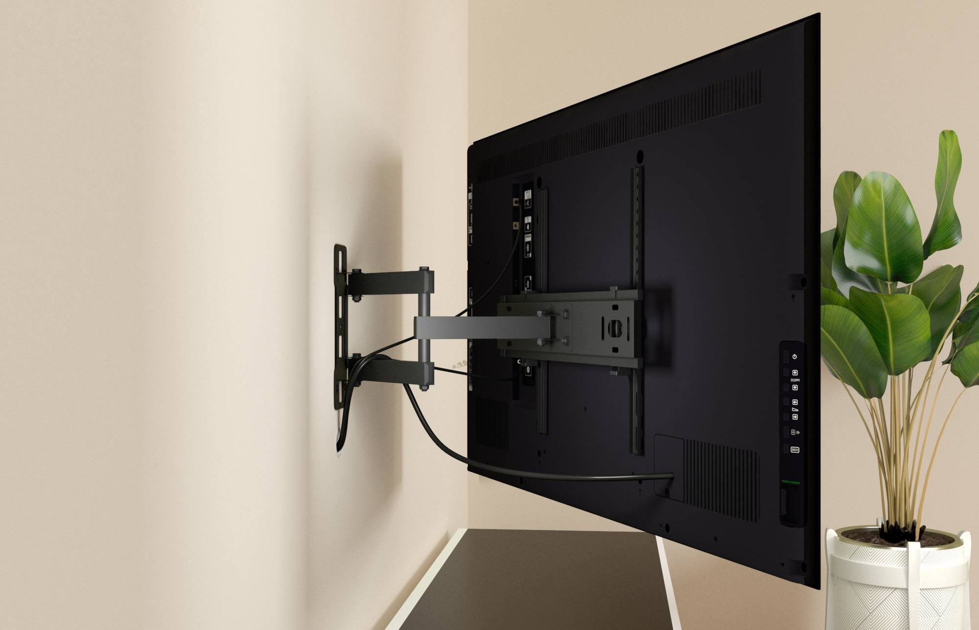 Ein Flachbildfernseher an der Wand mit einem verstellbaren Arm montiert, neben einer Topfpflanze auf einem Regal, vor einem schlichten Hintergrund.