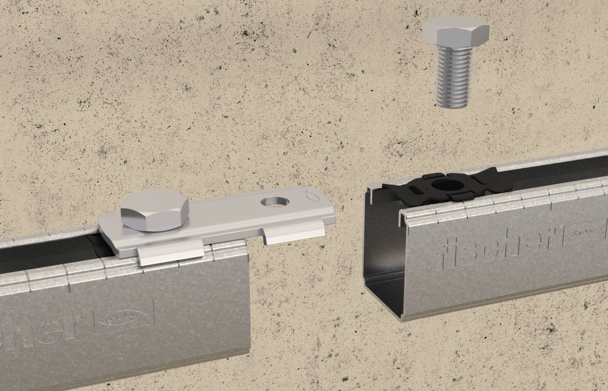 Explosionszeichnung eines Metallfastener-Clips, der zwei Metallkanäle verbindet, mit einem Bolzen oben zur Montage dargestellt.