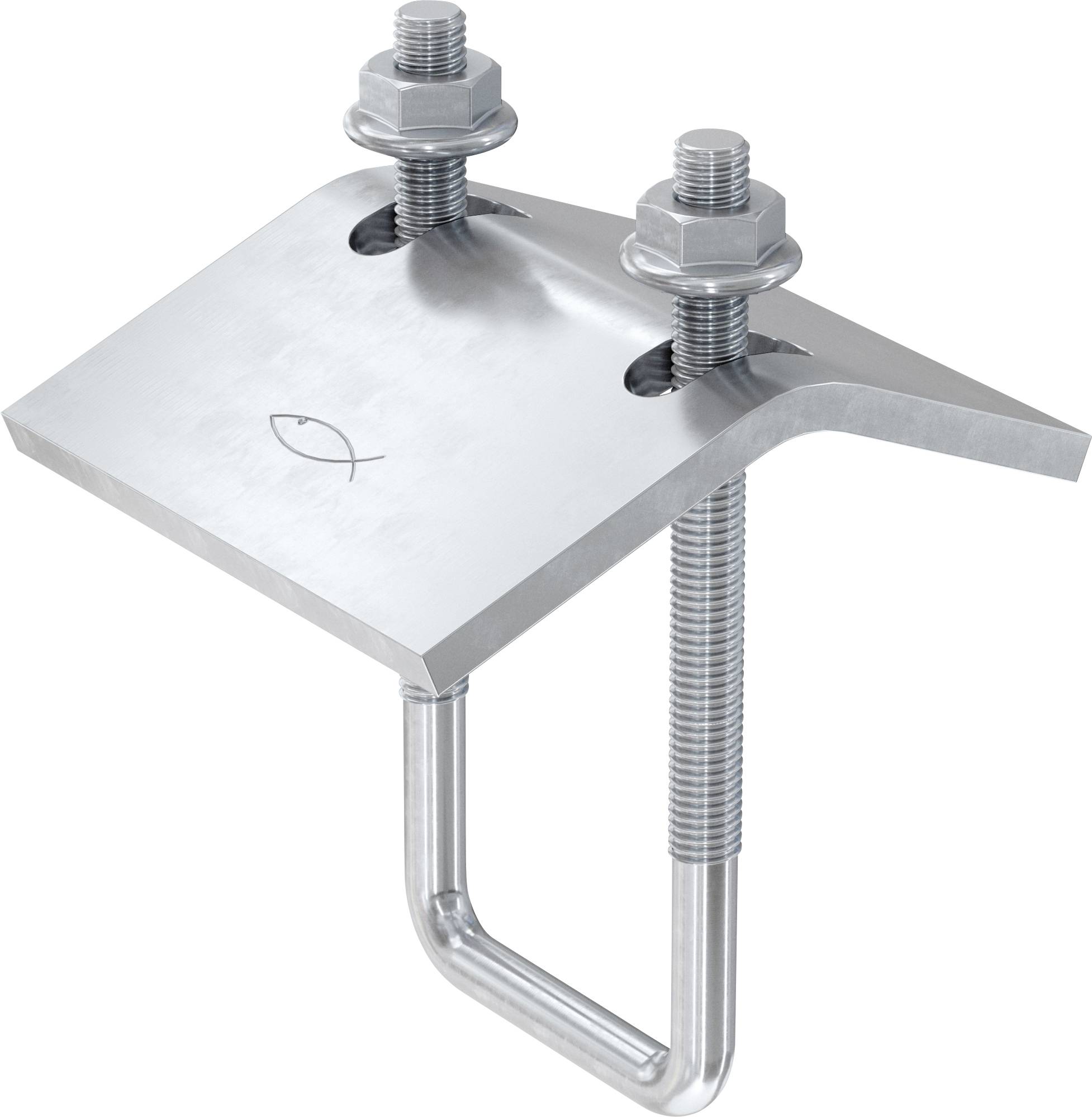 Metallklemmbügel mit zwei Bolzen zur Befestigung einer gekrümmten Platte über einem U-förmigen Rohr oder Stab.