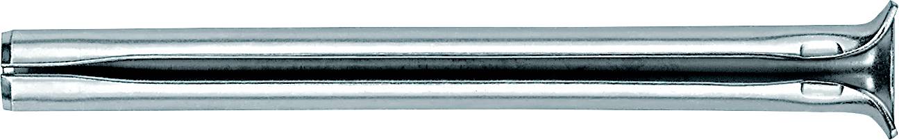 Zwei Metallzeltheringe nebeneinander, silberfarben mit spitzen Enden und ausgestellten Oberteilen.
