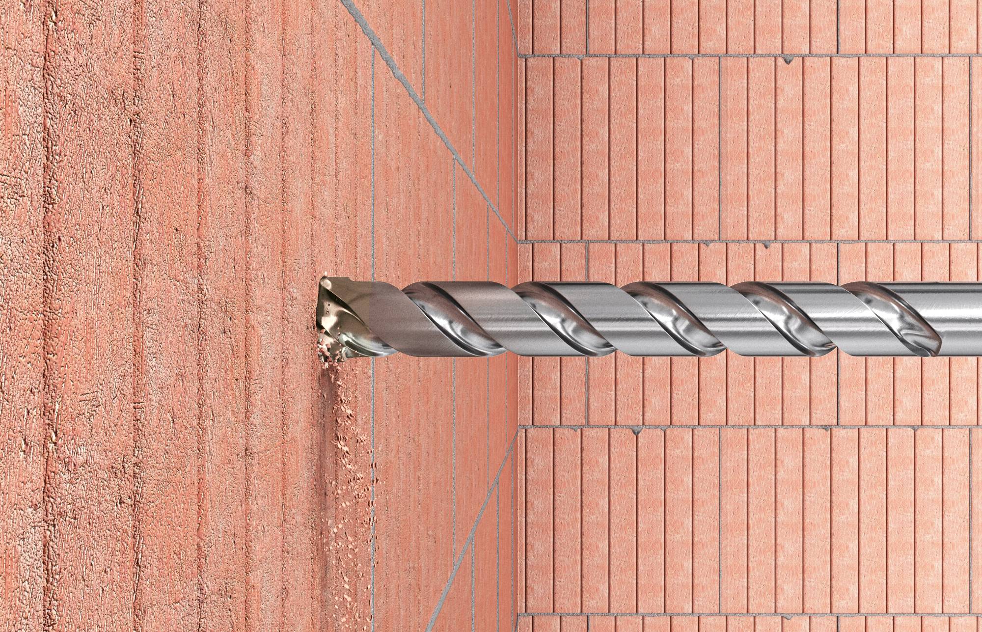 Ein Bohrer bohrt horizontal in eine rote Ziegelsteinmauer ein und erzeugt dabei ein Loch mit Staub und Schutt.