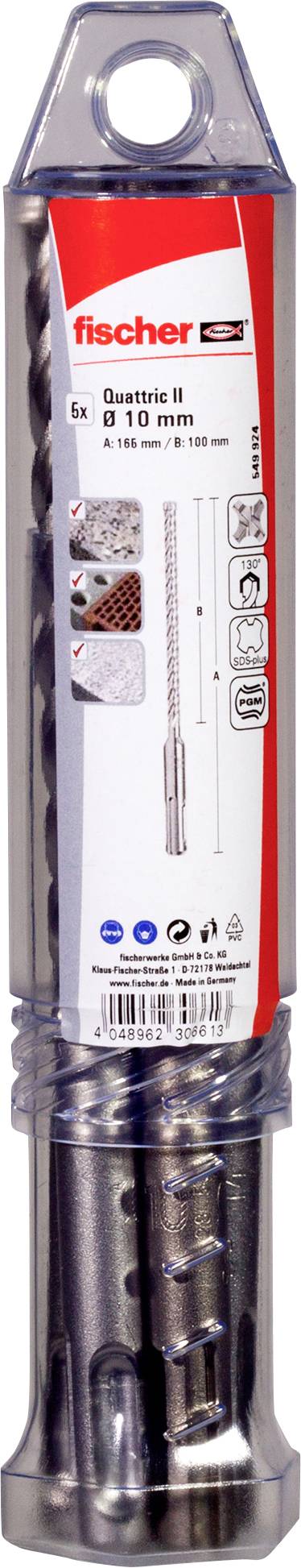 Fischer Bohrerset in Kunststoffverpackung, mit der Bezeichnung Quattric II 8–10 mm, mit Bildern von Maurerwerkzeugspitzen und angegebenen enthaltenen Bitgrößen.