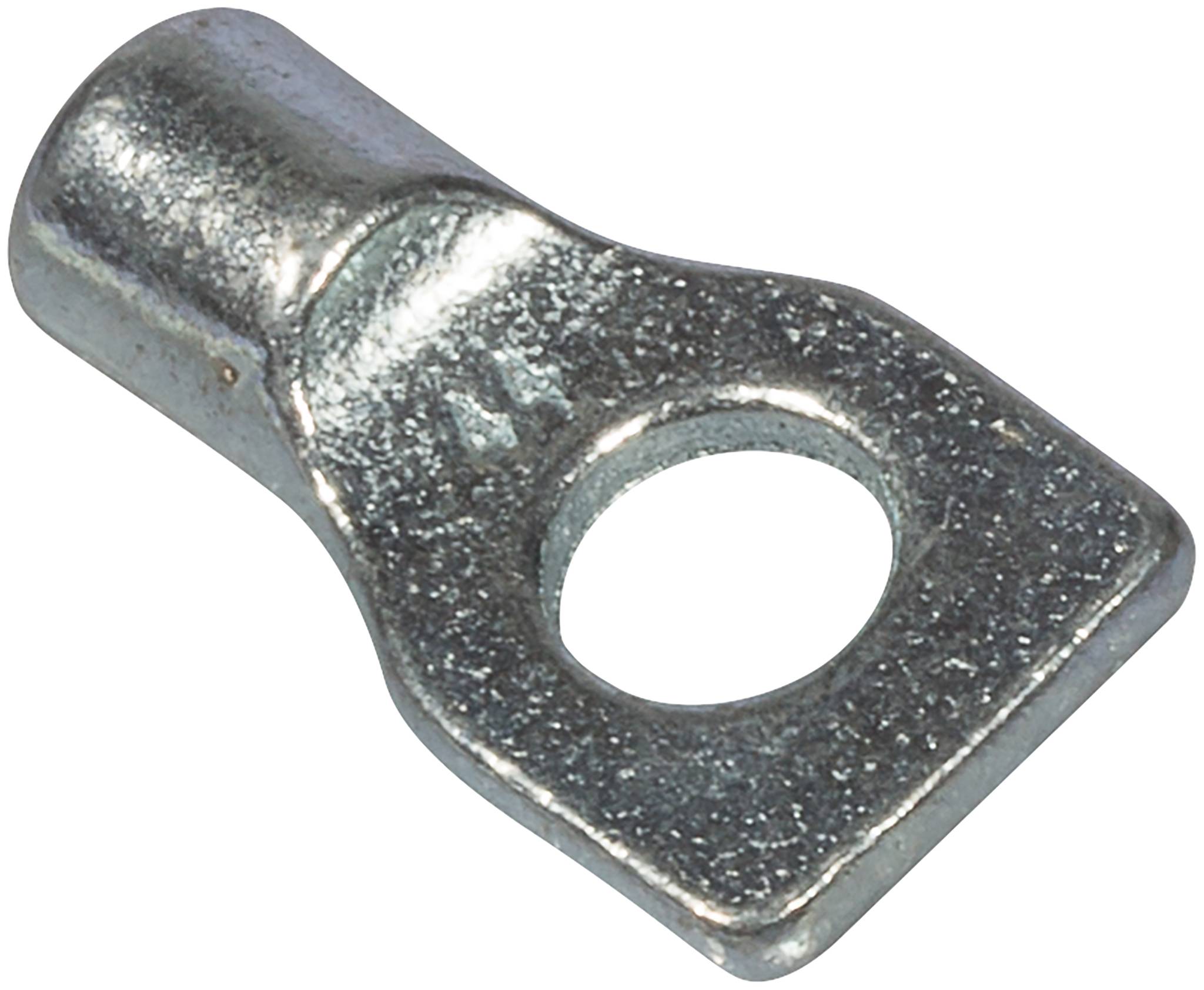 Metallischer Ringklemmanschluss mit zylindrischem Crimpende und flachem Ösenloch zum Befestigen eines Drahtes an einer Schraube oder einem Bolzen.