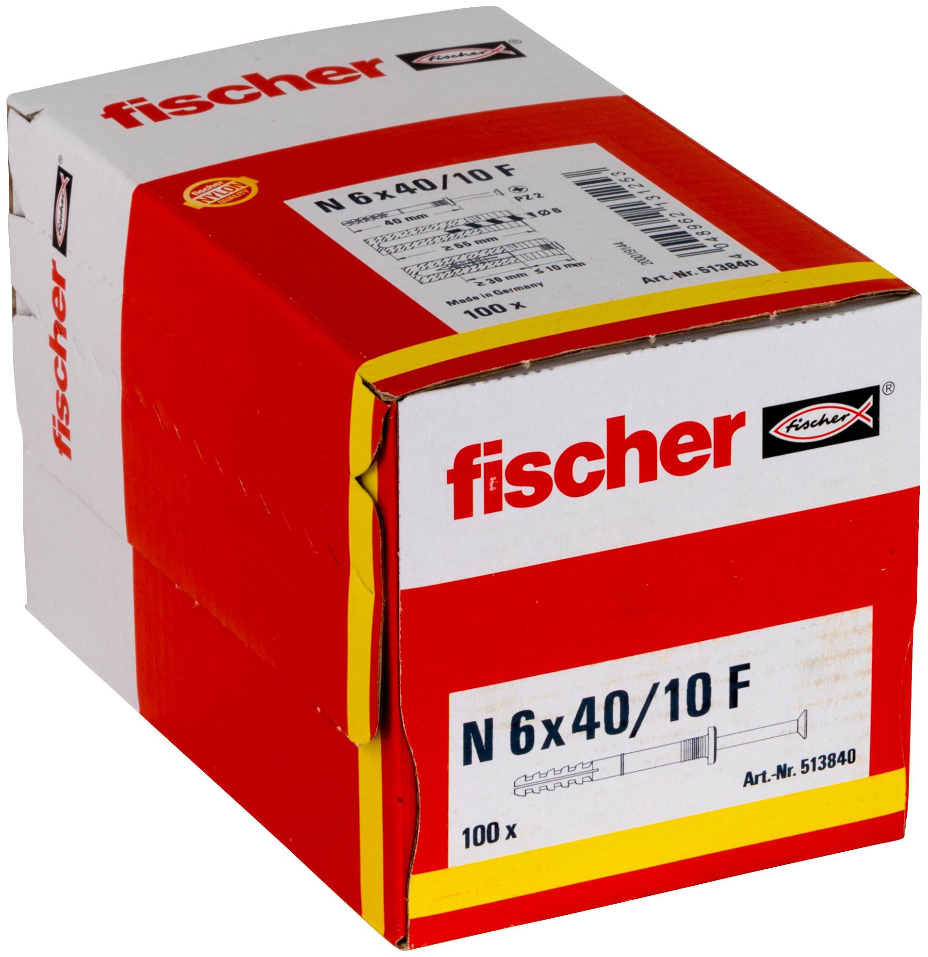 Rot-weiße Fischer-Schachtel mit N 6x40/10 F Dübel, mit Beschriftung 100 Stück.