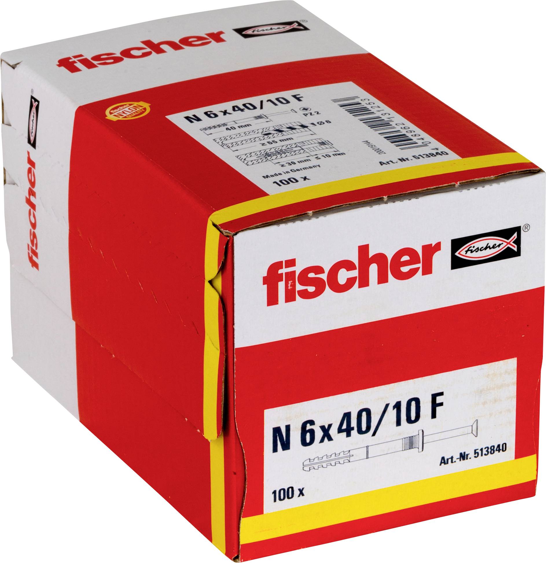 Rot-weiße Fischer-Schachtel mit N 6x40/10 F Dübel, mit Beschriftung 100 Stück.