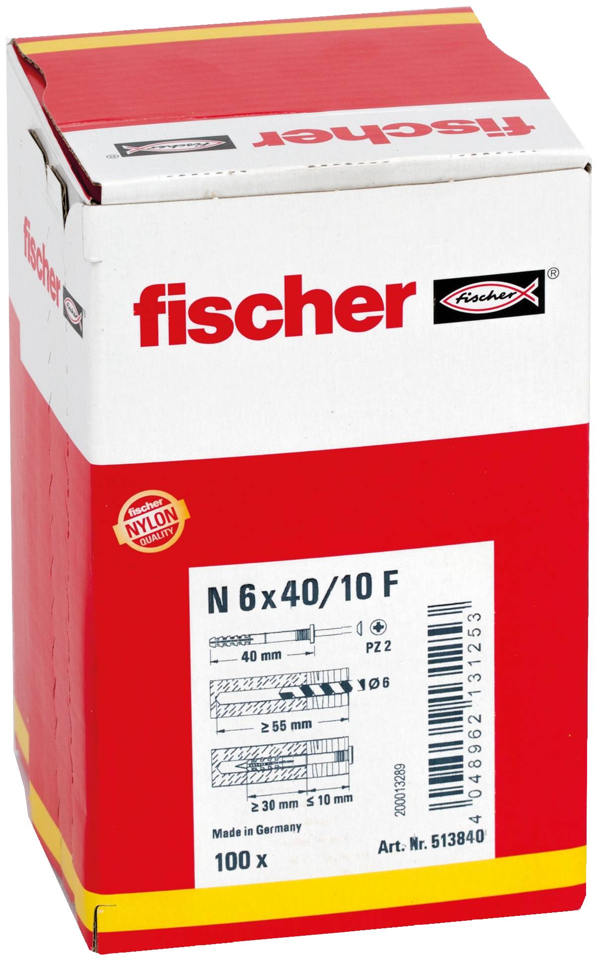Schachtel Fischer Nylondübel, rot-weiß verpackt mit Beschriftung 'N 6 x 40/10 F' und '100 x'.