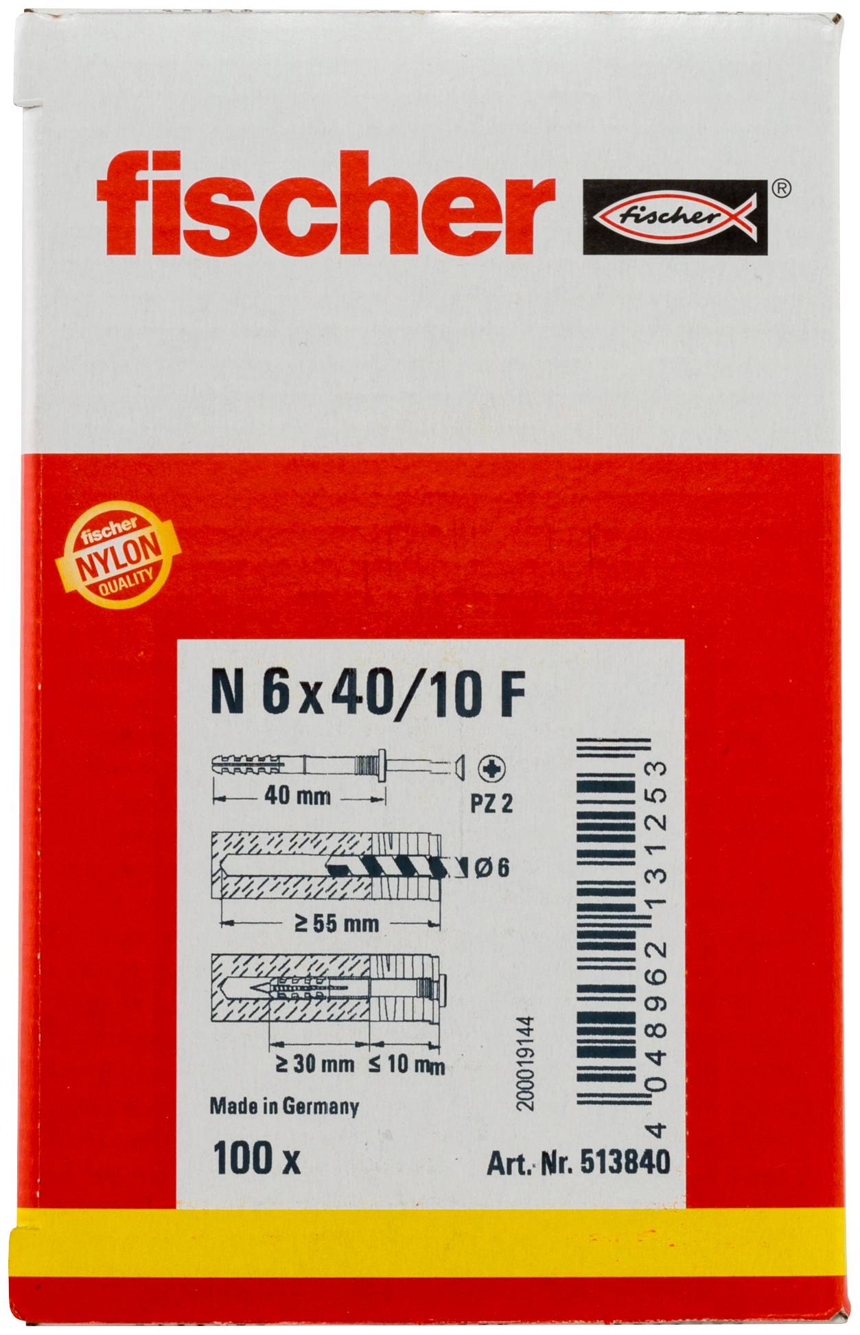 Karton mit Fischer Nylondübeln, gekennzeichnet als 'N 6x40/10 F', 100 Stück, mit Größen- und Installationsdiagramm.