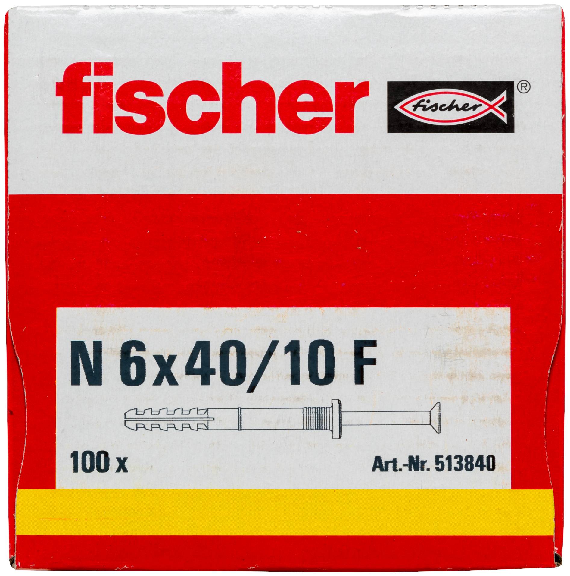Produktkarton für Fischer N 6x40/10 F Dübel, gekennzeichnet mit „100 x