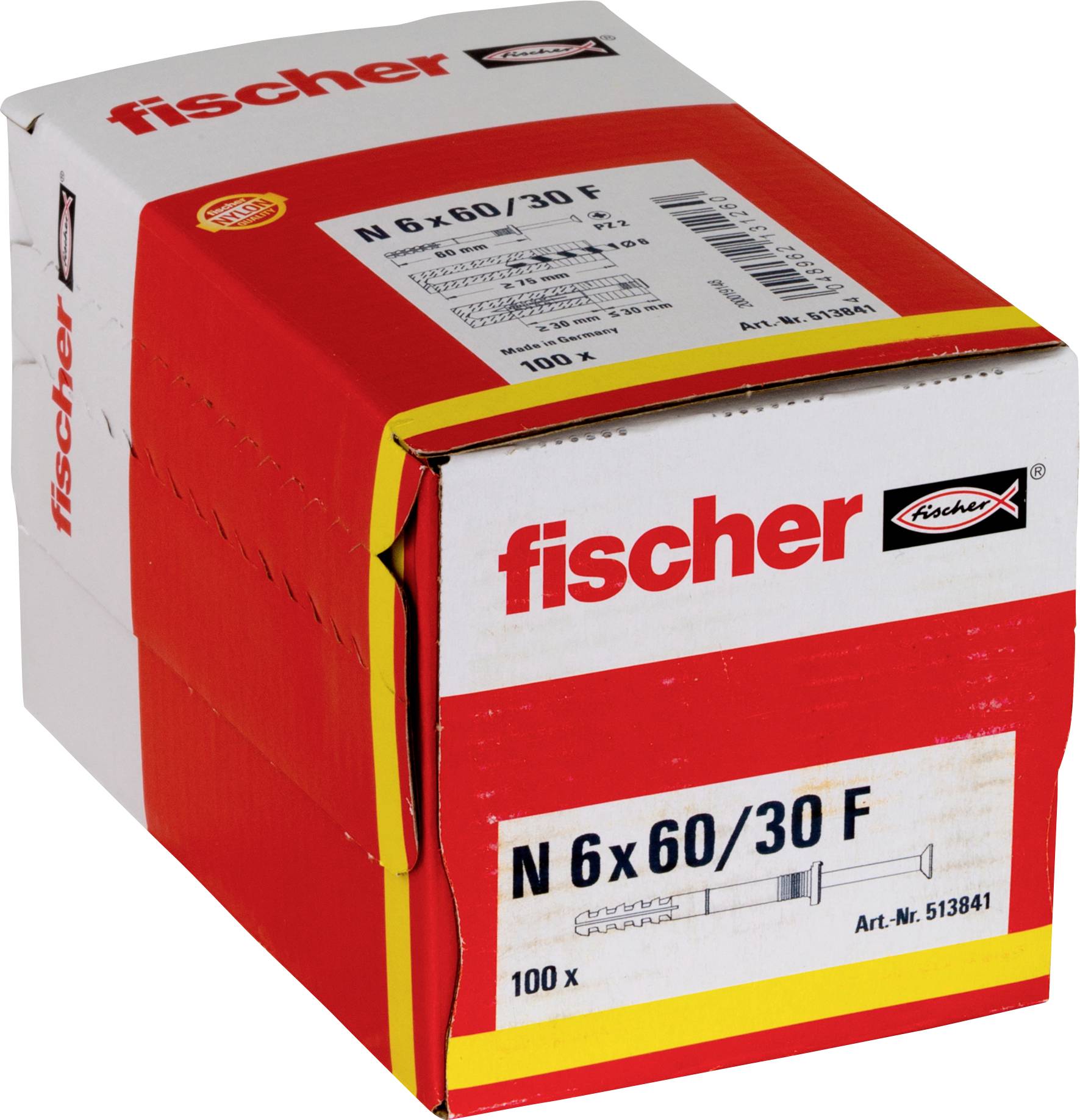 Rote und weiße Fischer-Schachtel mit Wandsteckern/Dübeln mit der Aufschrift „N 6x60/30 F