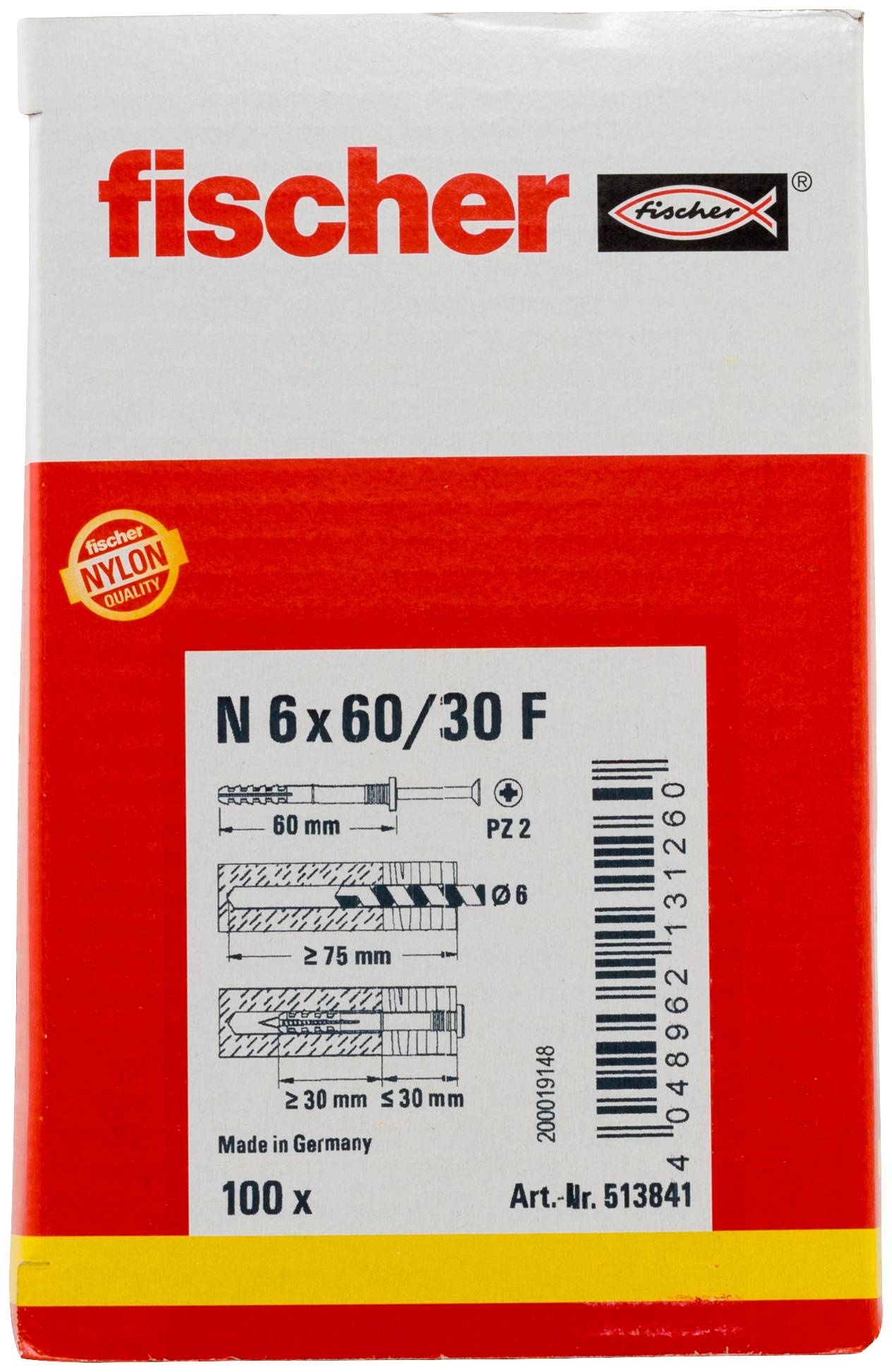 Fischer Nylon-Dübel Verpackung mit Bezeichnung 'N 6x60/30 F', zeigt Produktgröße, Diagramme und Packungsinhalt von 100 Stück.