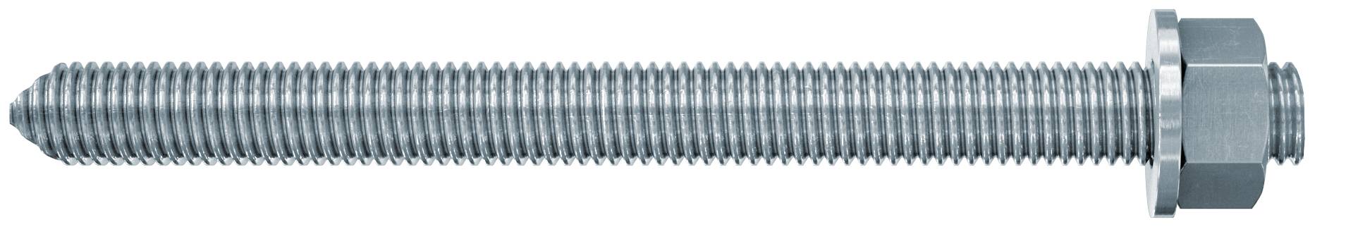 Ein langer gewindelter Metallbolzen mit Mutter und Unterlegscheibe am rechten Ende, horizontal auf weißem Hintergrund dargestellt.