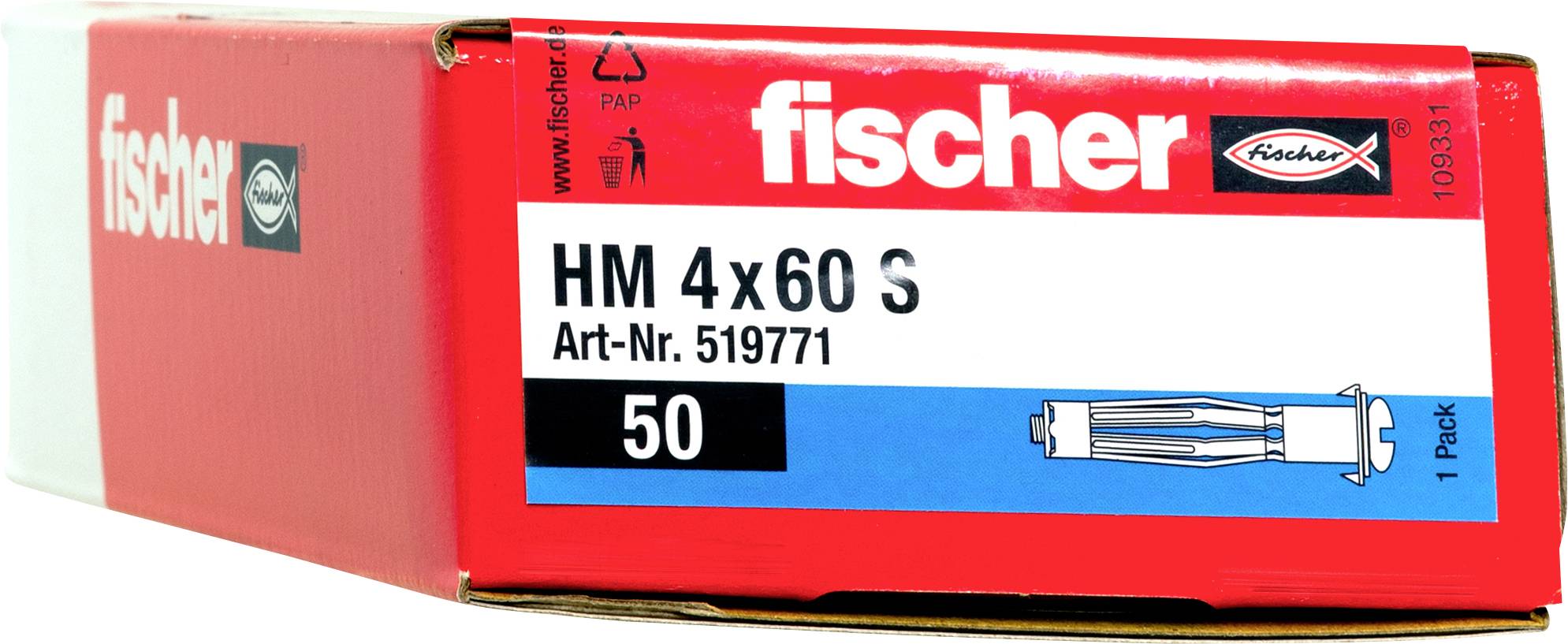 Rot Fischer-Karton mit HM 4x60 S Wanddübeln, beschriftet mit „Art.-Nr. 519771