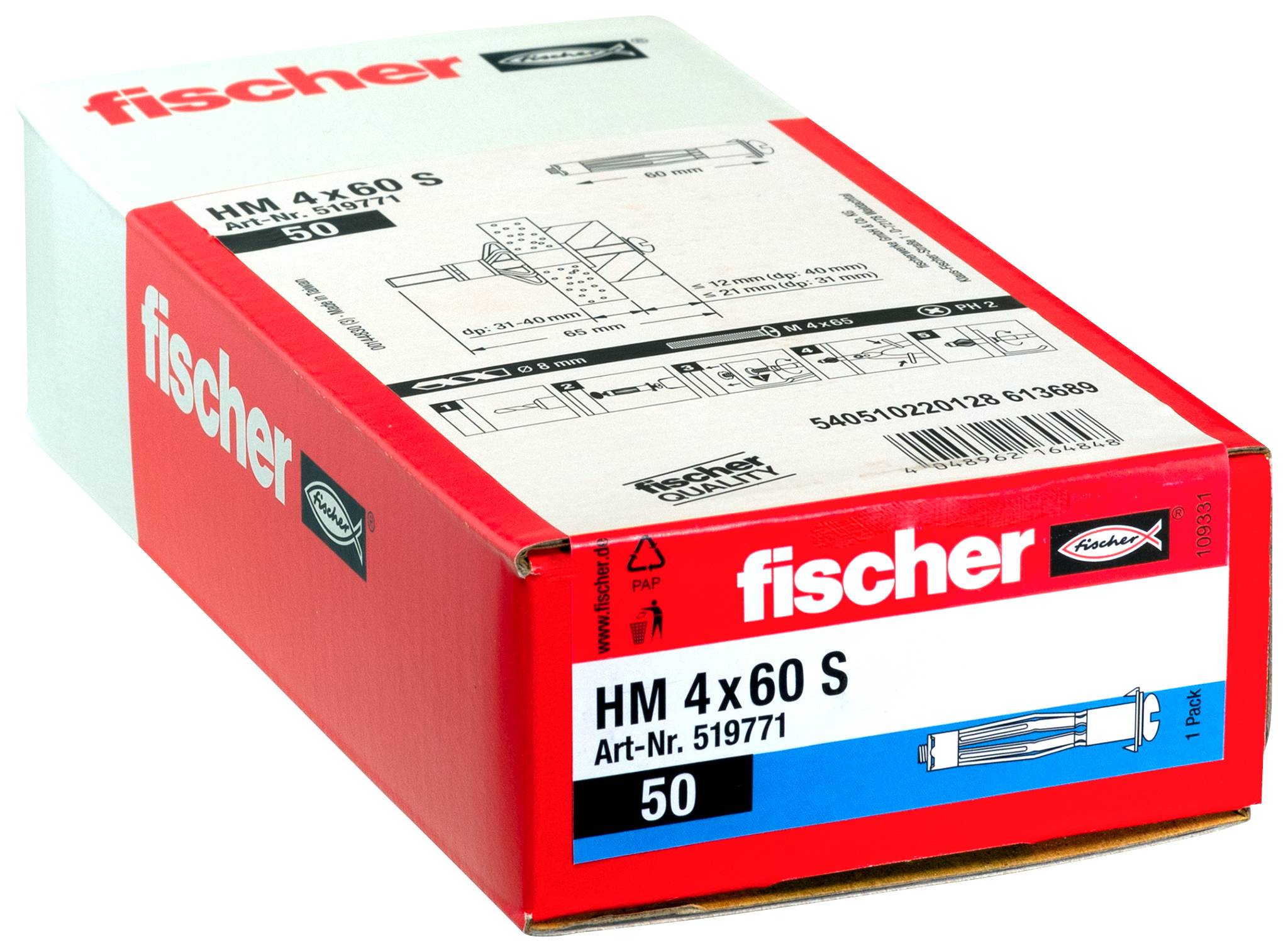 Schachtel Fischer HM 4x60 S Wanddübel, 50er-Packung, mit Installationsdiagramm auf dem Deckel dargestellt.