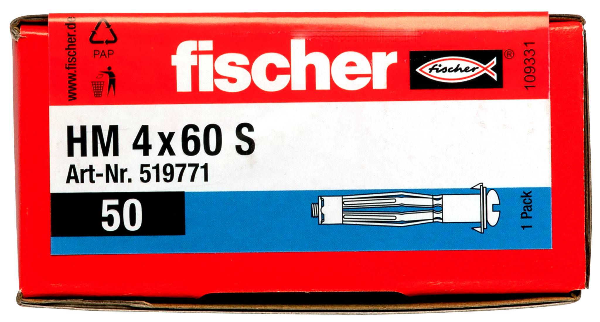 Rot Fischer Produktbox mit Beschriftung „HM 4 x 60 S" und „Art.-Nr. 519771", Packung mit 50 Dübeln.