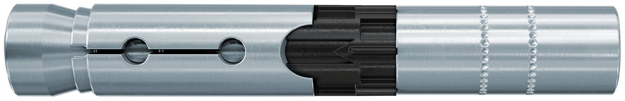 Silbernes zylindrisches Metallewerkzeug oder Verbindungsstück mit schwarzem zentralem Griff und einer kleinen Kettenanbringung am rechten Ende.