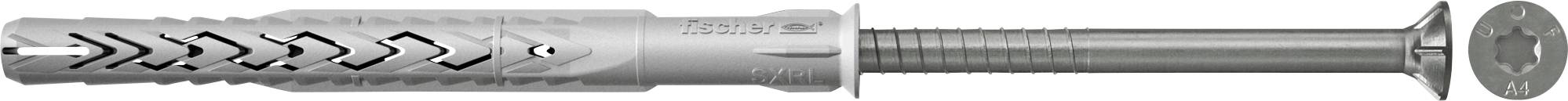 Ein Metalldübel mit Schraube und Bohrer, horizontal auf weißem Hintergrund dargestellt.