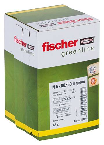 Karton mit Fischer greenline N 6x80/50 S grünen Dübeln, mit Produktetikett und Menge 45.
