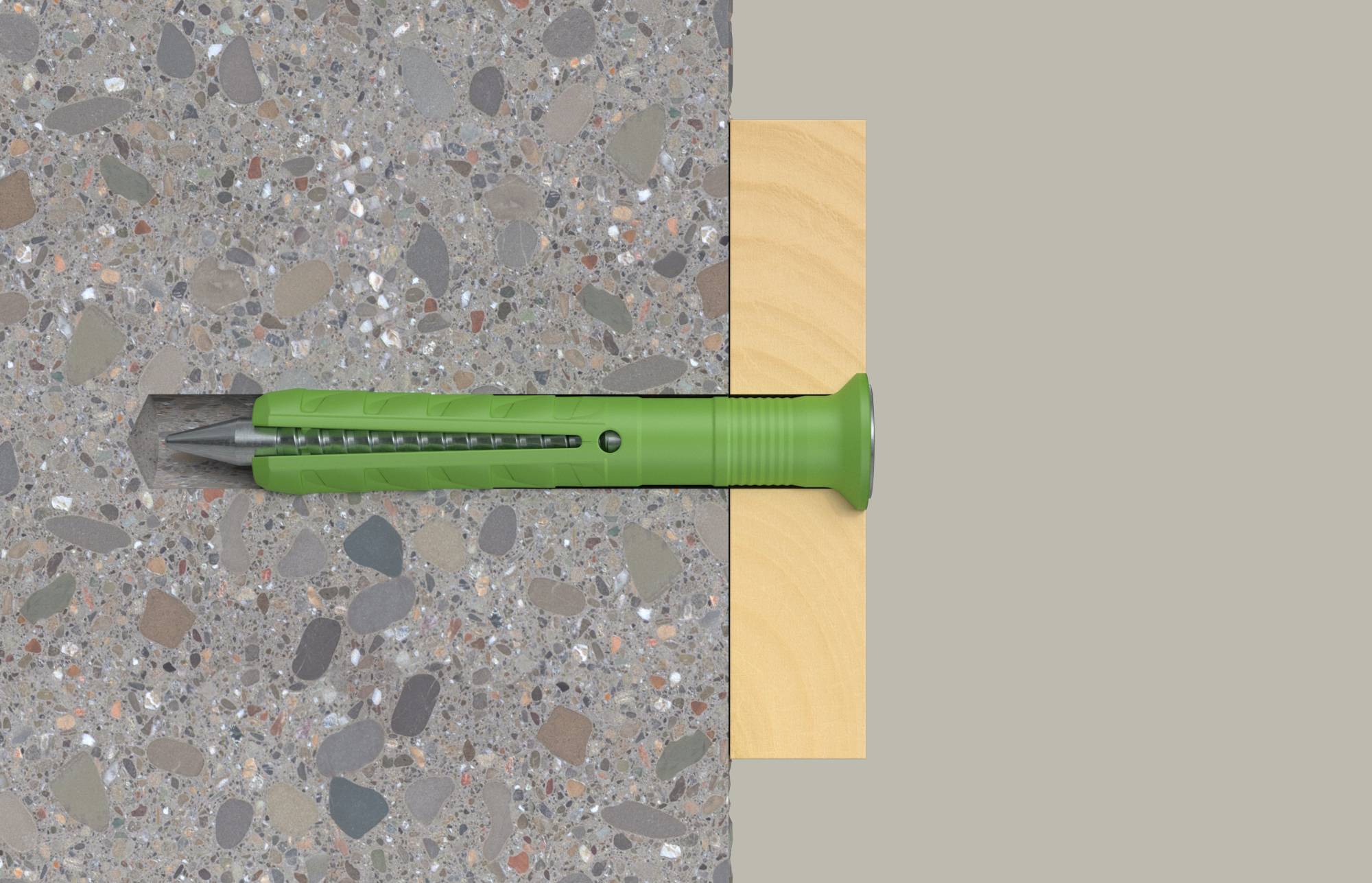 Grüne Wandverankerung, die durch einen Holzblock in Beton befestigt ist, im Querschnitt dargestellt mit einer horizontal eingefügten Schraube oder einem Bolzen.
