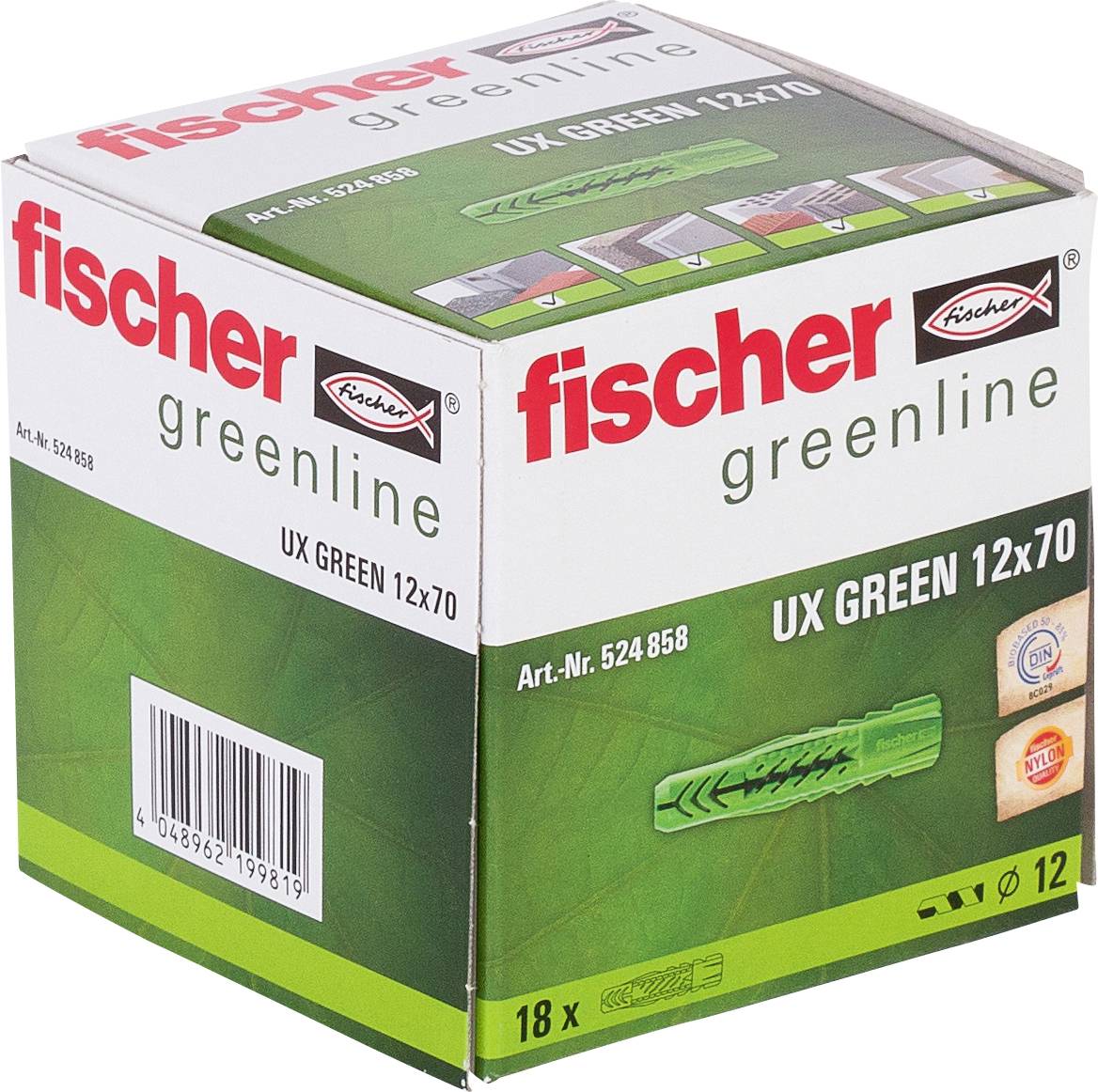 Fischer greenline UX GREEN 12x70 Wanddübel-Box, zeigt einen grünen Kunststoffanker und Produktdetails.