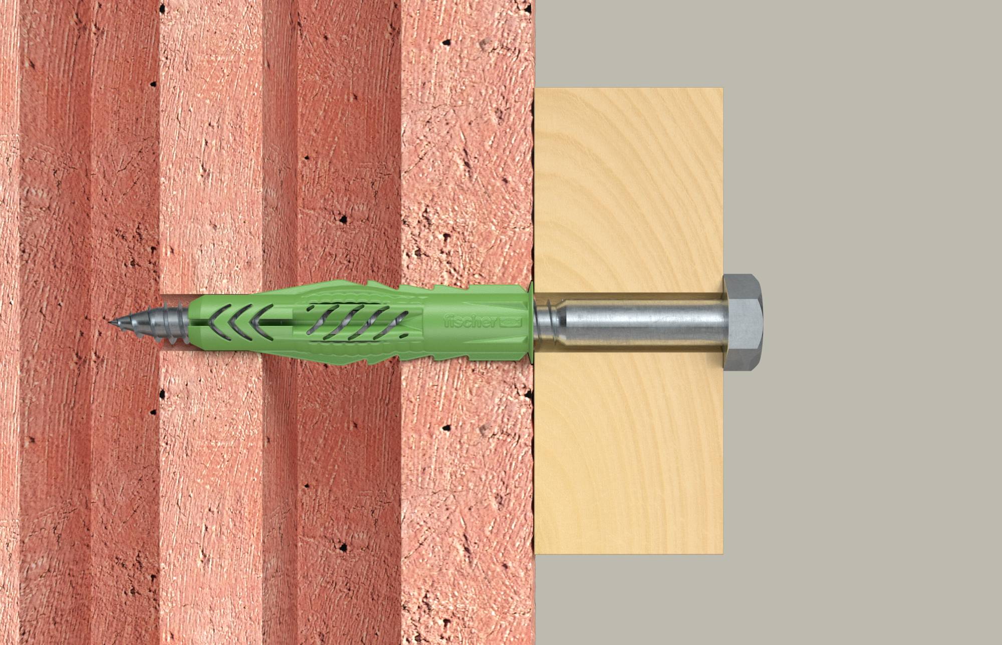 Diagramm einer Mauerwerkankerschraube, die durch ein Holzbrett in eine Ziegelmauer eingeführt wird und zeigt, wie sie das Brett an der Wand befestigt.