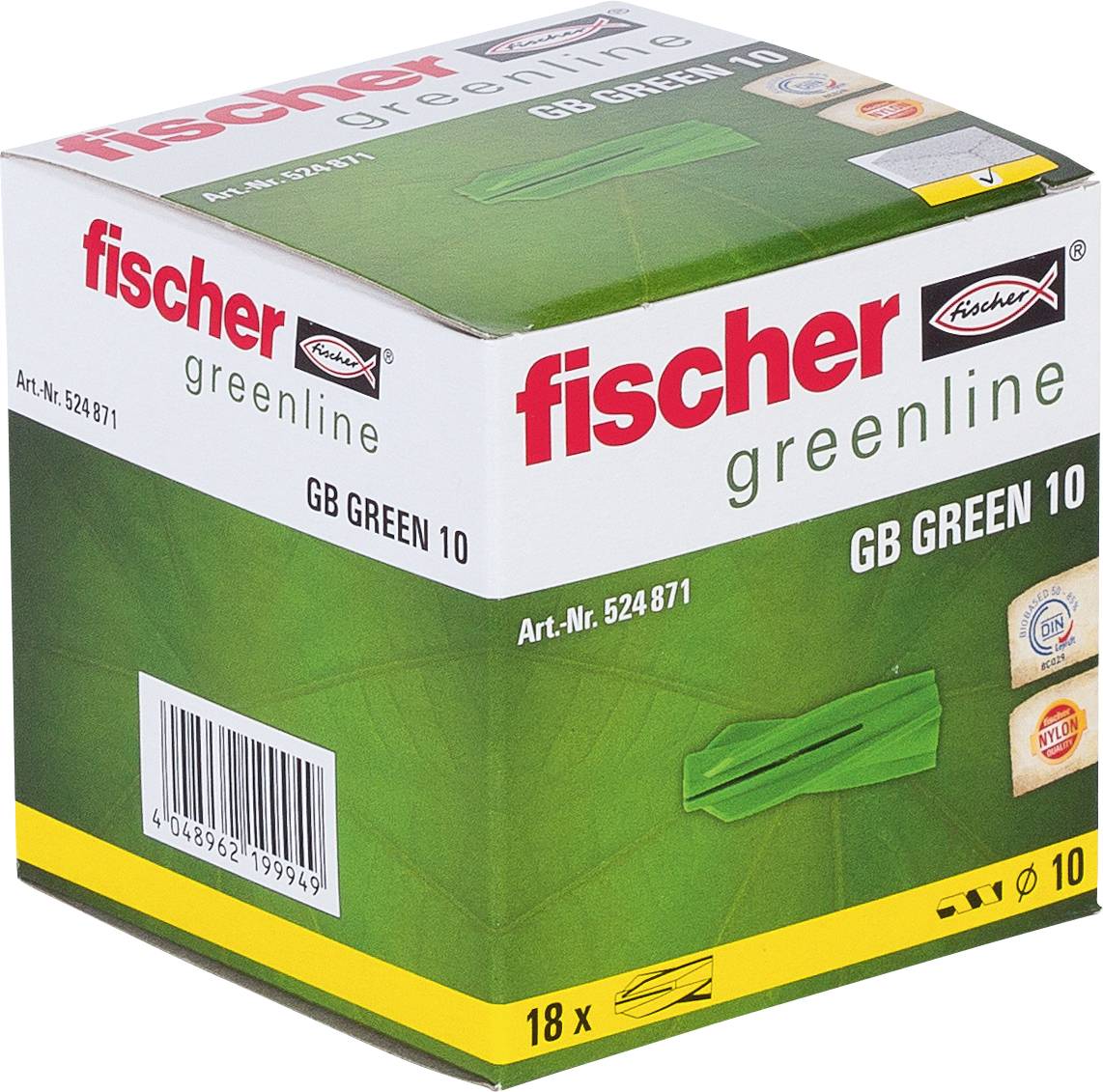 Grüne Fischer greenline GB GREEN 10 Verpackungsbox mit Produktname, Art.-Nr. 524871, Barcode und 18x Mengenangabe.