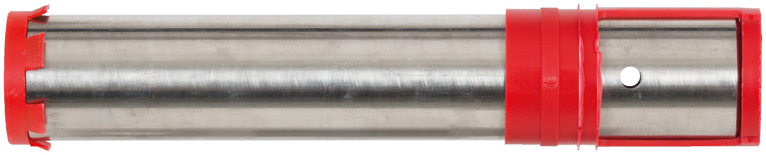 Ein metallisches zylindrisches Werkzeug oder Rohr mit roten Kunststoffkappen und einem roten Schiebering auf weißem Hintergrund.