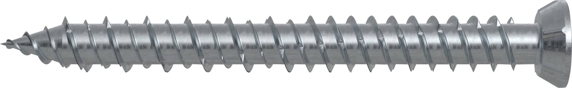 Eine silberne Metallschraube mit spitzer Spitze und breitem flachem Kopf, horizontal auf weißem Hintergrund dargestellt.