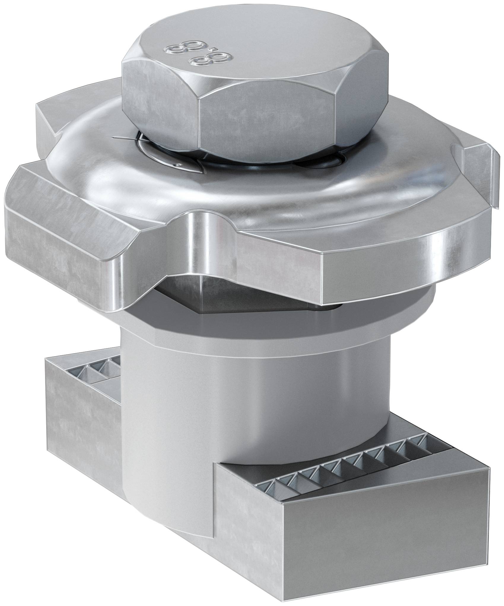 3D-Rendering einer metallischen Industrie-Schraube oder eines Befestigungselements mit einer großen sechseckigen Mutter oben, isoliert auf weißem Hintergrund dargestellt.