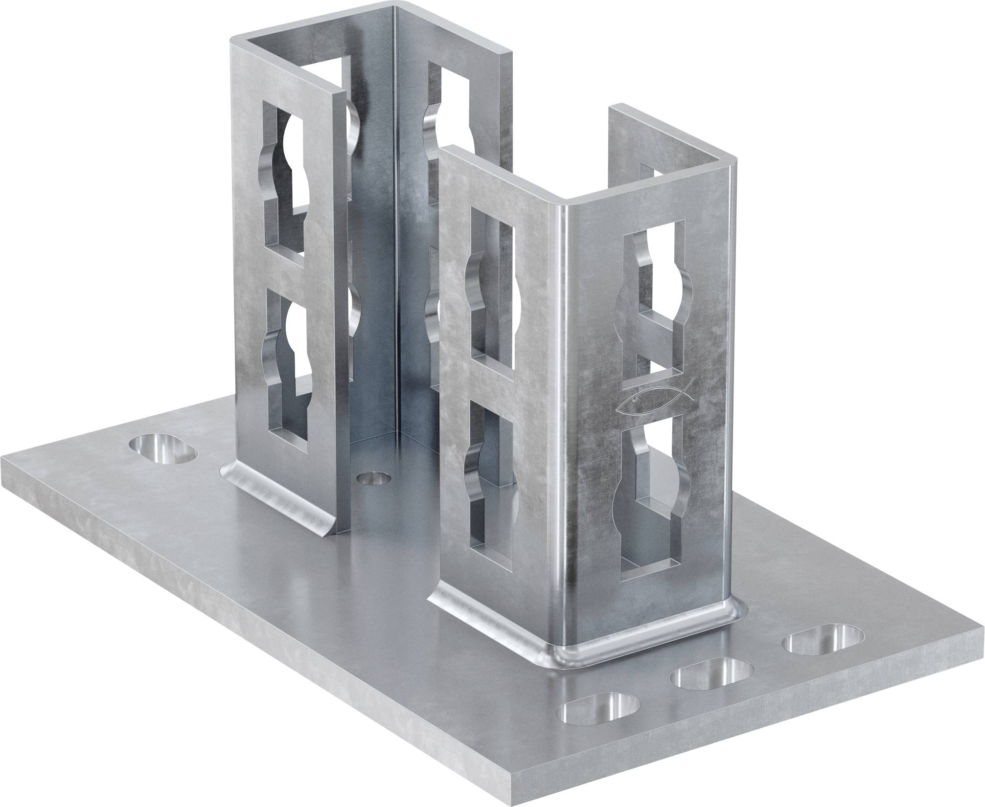 Metallklammer mit aufrechten geschlitzten Seitenplatten, die auf einer rechteckigen Grundplatte mit Bohrungen für Bolzen montiert sind, in 3D auf weißem Hintergrund dargestellt.