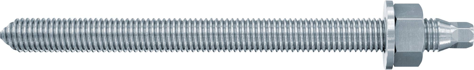 Ein langer Gewindemetallbolzen oder -stift mit einer Sechskantmutter und abgeflachter Spitze, horizontal auf weißem Hintergrund dargestellt.