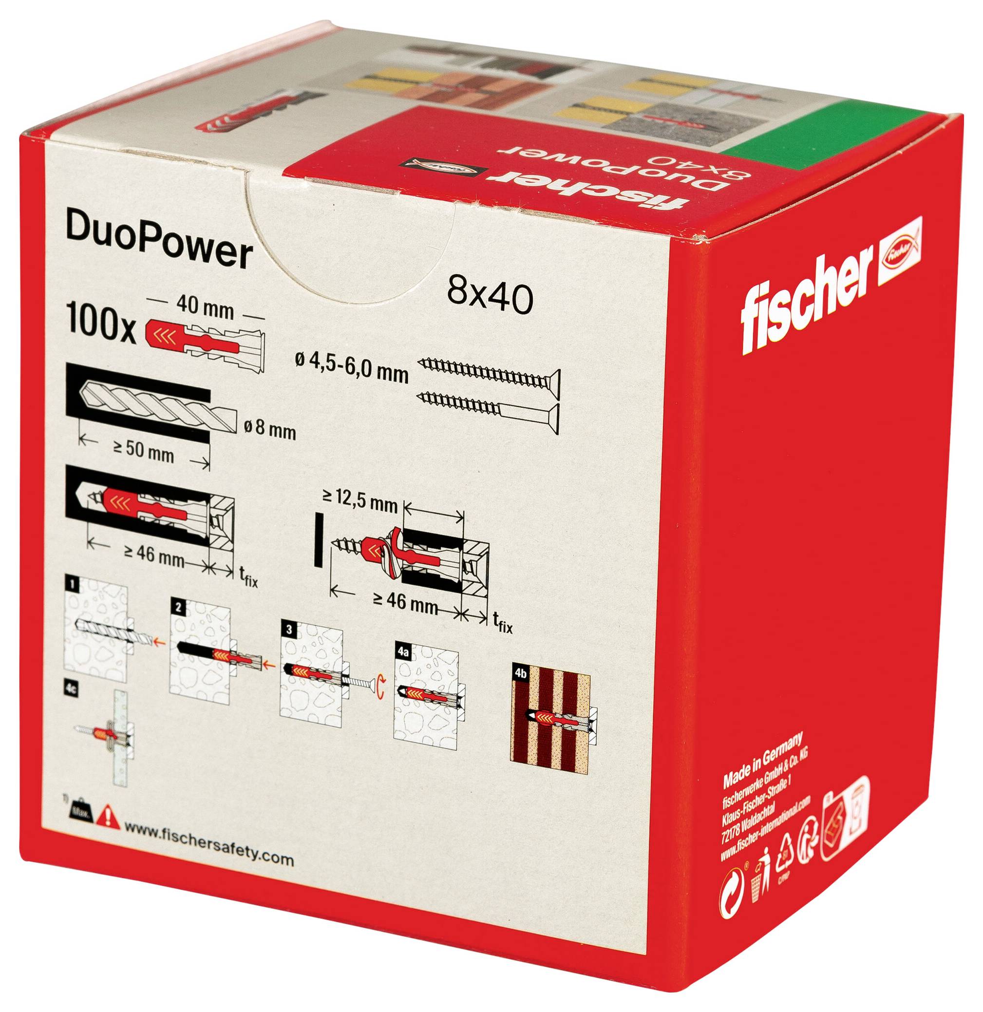 Karton mit Fischer DuoPower Dübeln und Schrauben, 100 Stück, Größe 8x40 mm. Enthält Installationsdiagramme mit Schritten auf der Seite.