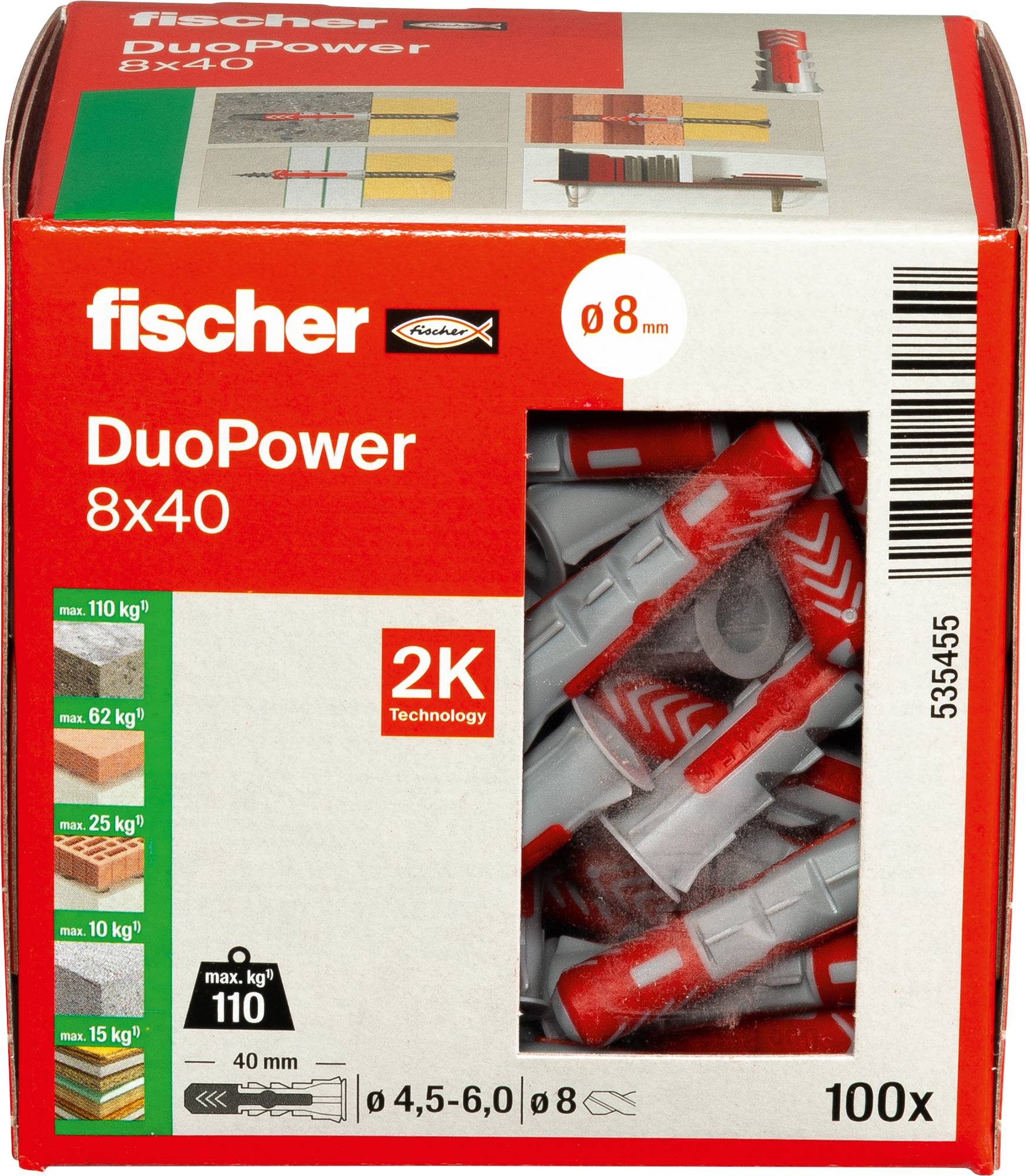 Packung mit Fischer DuoPower 8x40 Dübeln, mit roten und grauen Dübeln im Inneren. Zeigt 2K-Technologie und maximale Belastungsangaben auf der Seite.