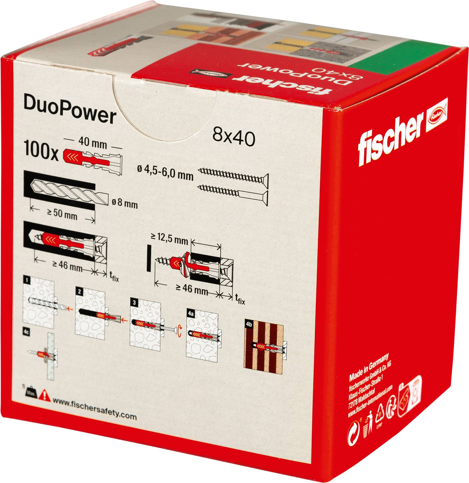 Eine rot-beige Schachtel Fischer DuoPower mit Angaben zur Schraubengröße (8x40 mm), Bohrgrößen (4,5-6,0 mm) und geeigneten Materialien für die Verwendung.
