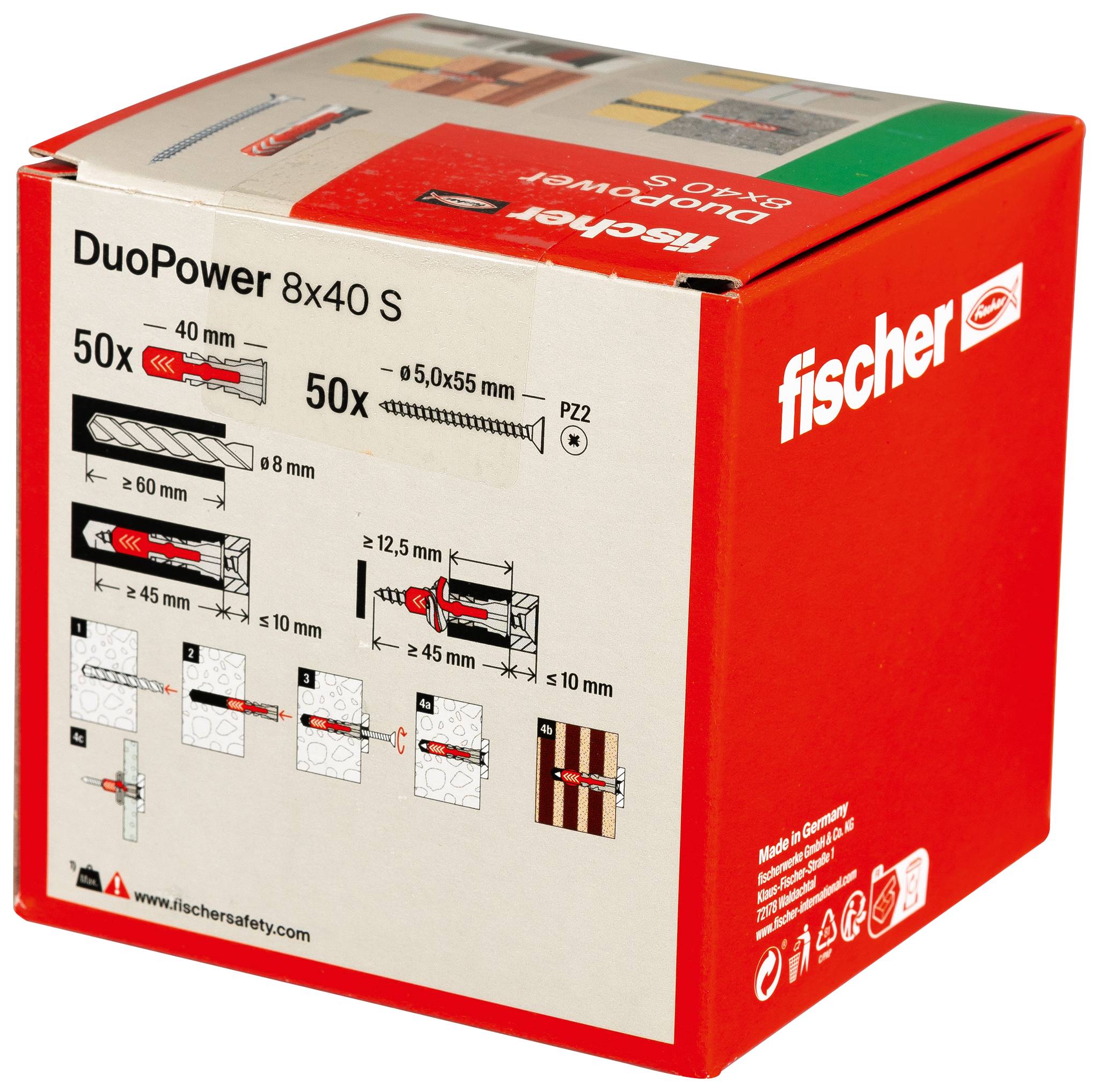 Red Fischer DuoPower 8x40 S Karton mit Wandstecker und Schraubenmengen, Bohr- und Installationsdiagrammen sowie Produktbranding.