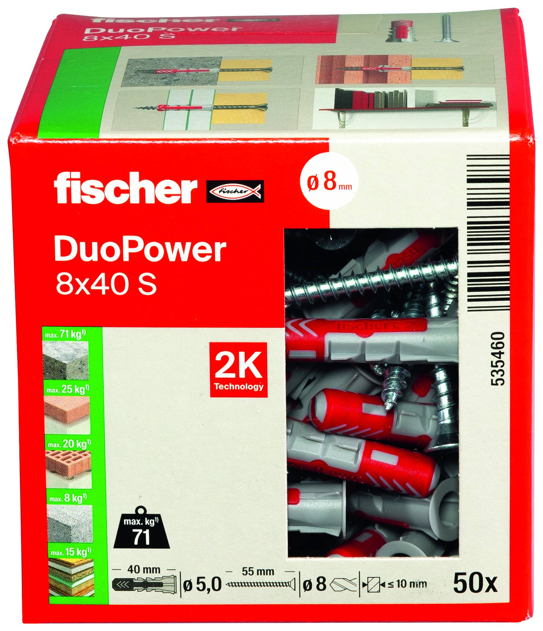 Karton mit Fischer DuoPower 8x40 S Wanddübeln, zeigt Installation von Schraube und Dübel mit 50 Stück und 8 mm Bohrergröße.