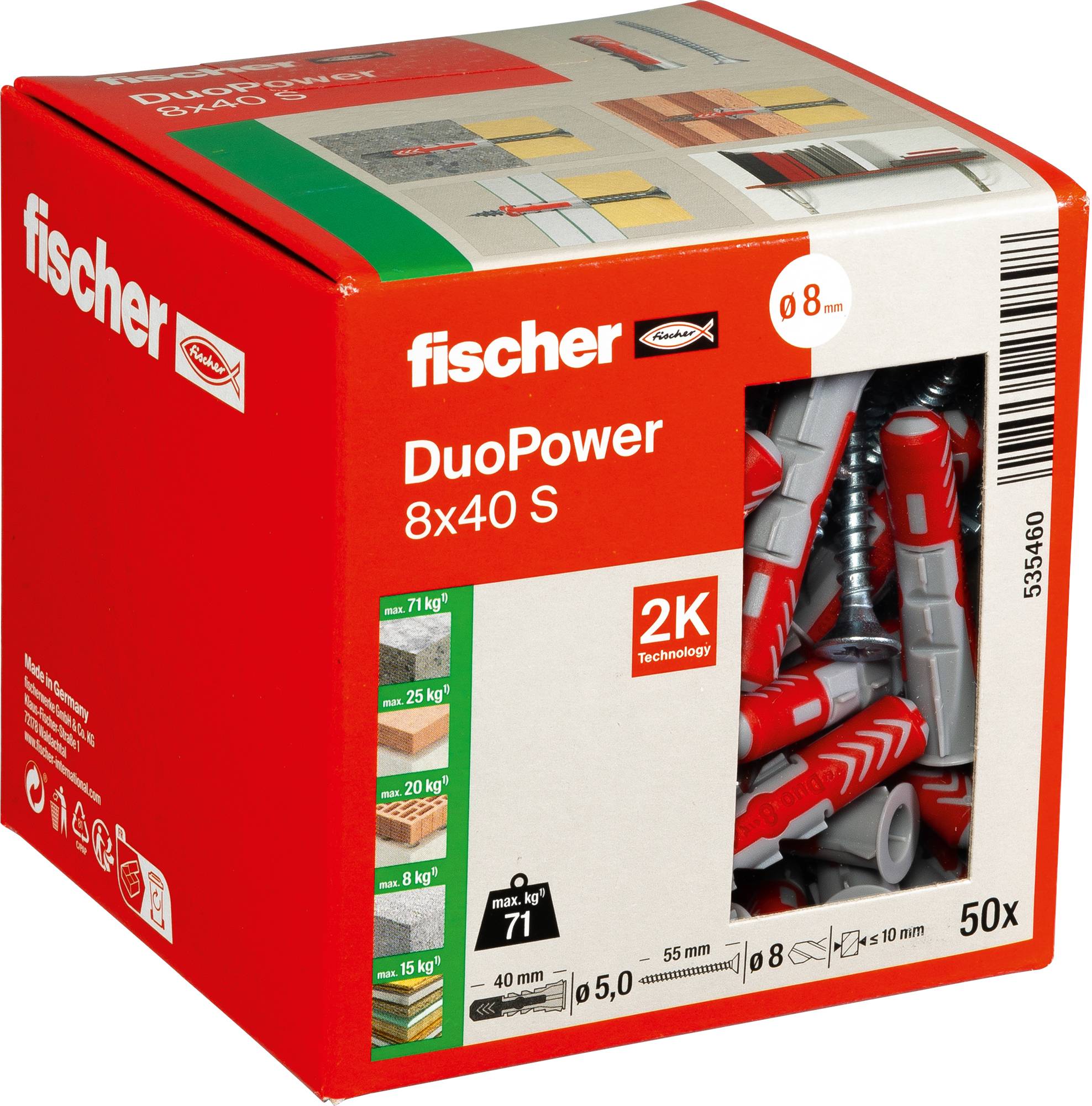 Das Bild zeigt eine Schachtel Fischer DuoPower 8x40 S Dübel mit 2K-Technologie. Die Verpackung gibt an, dass sie 50 Stück enthält.