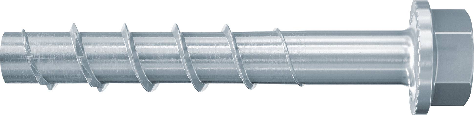 Metallische Wendelspiralschraube mit Sechskantschraube, horizontal auf weißem Hintergrund dargestellt.
