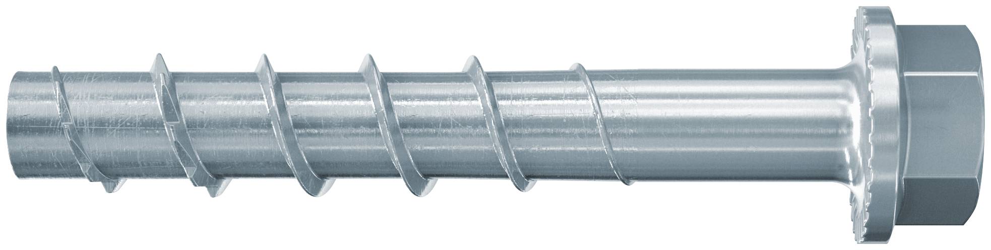 Metallische Wendelspiralschraube mit Sechskantschraube, horizontal auf weißem Hintergrund dargestellt.